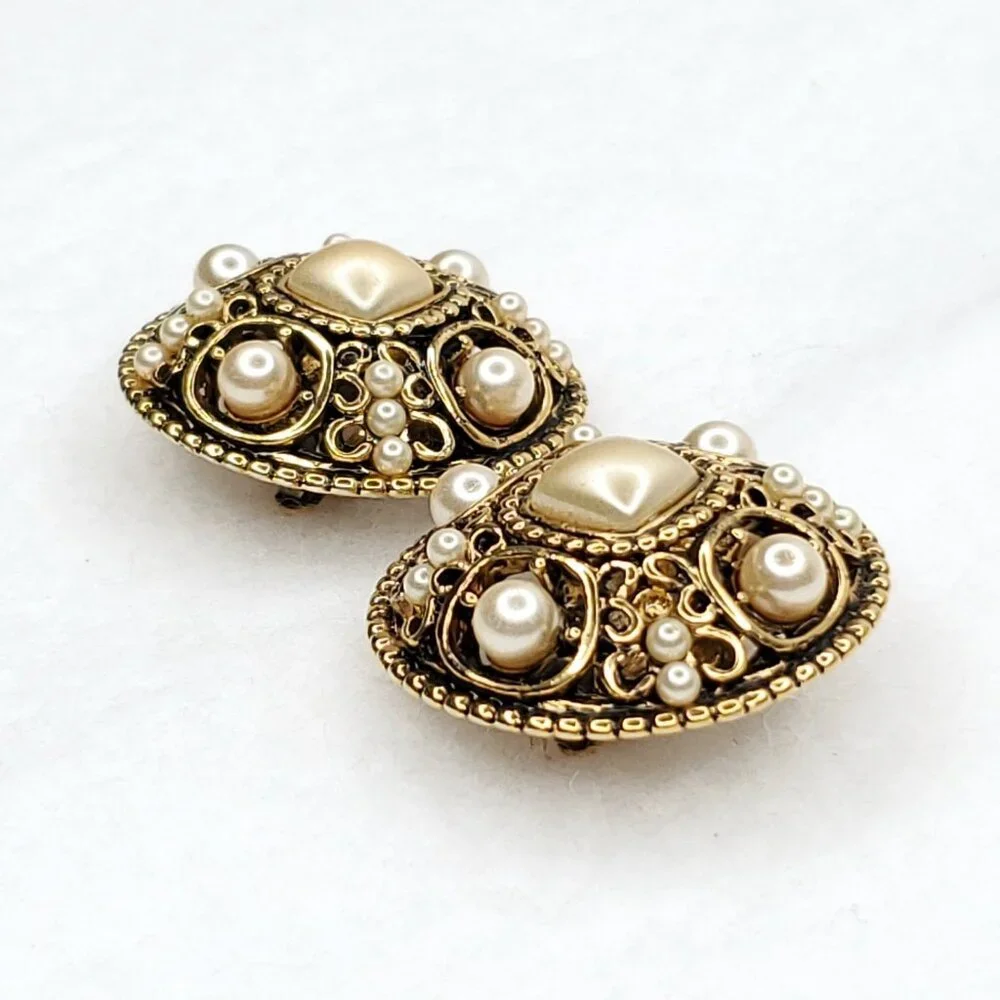 Vintage Carolee Earrings Faux Pearl Filigree Statement Gold Tone Clip On